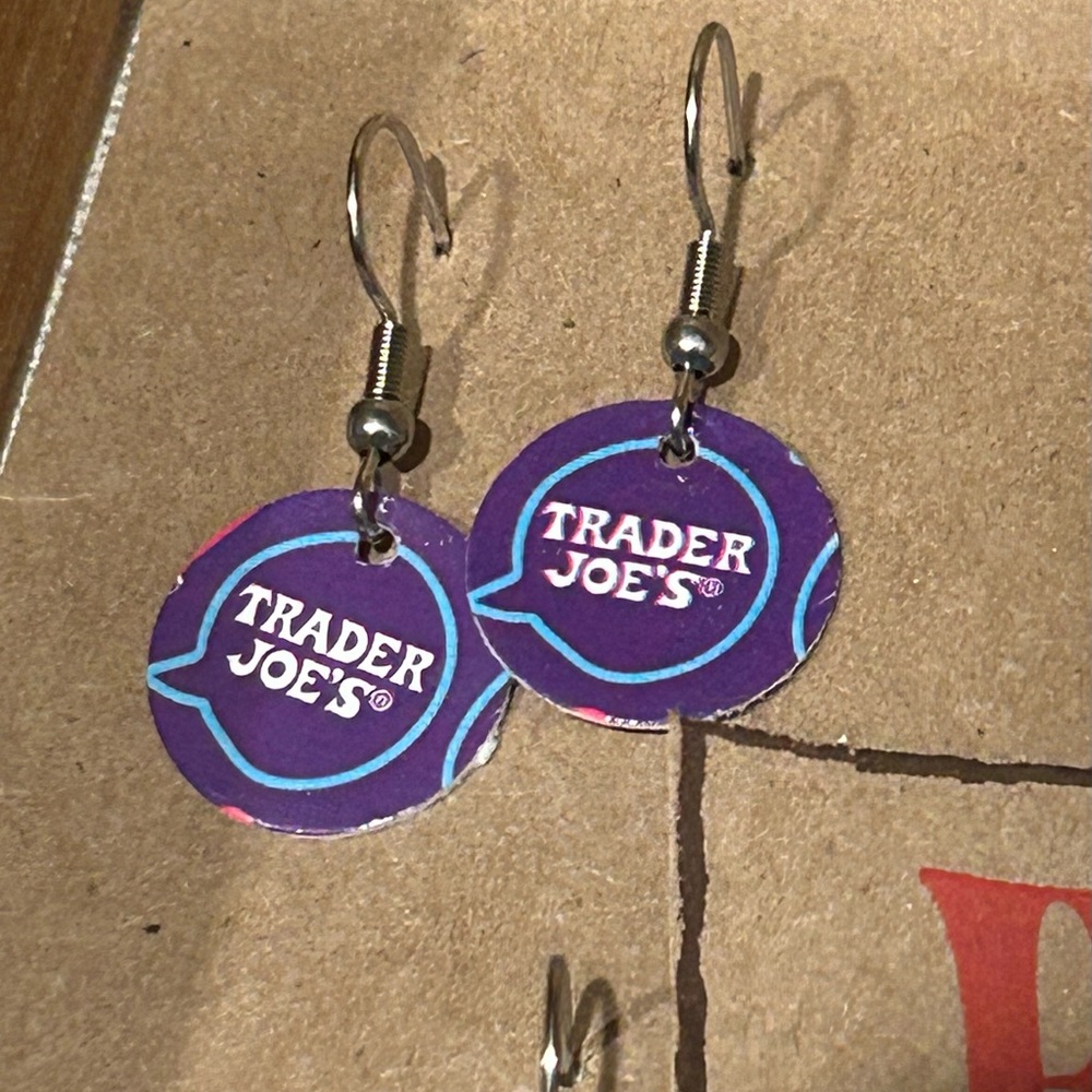 Trader Joe’s earrings with recycled gift cards purple